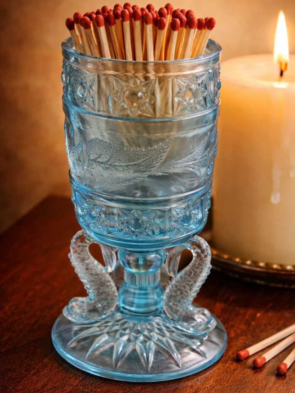 Antique Bryce, Higbee & co blue dolphin-footed matchstick holder 1897-1907